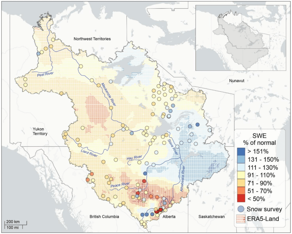 A GNWT map shows SWE – snow-water equivalent, a measure of the water contained in the snowpack – across the territory in late March 2025.